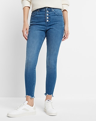 High Waisted Medium Wash Button Fly Cropped Skinny Jeans