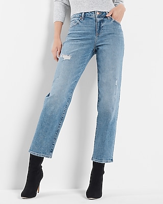 Mid Rise Medium Wash Ripped Boyfriend Jeans