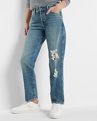 Mid Rise Medium Wash Ripped Boyfriend Jeans