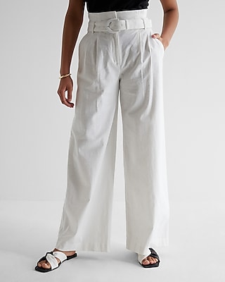Super High Waisted Linen-Blend Belted Paperbag Wide Leg Palazzo Pant