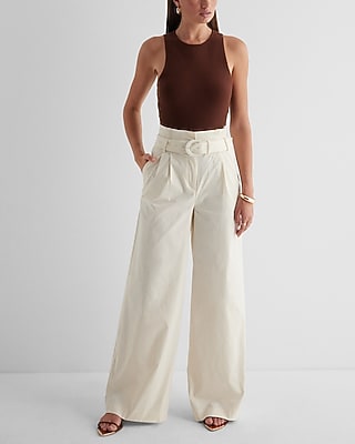 Super High Waisted Belted Paperbag Wide Leg Palazzo Pant White Women's 8 Long