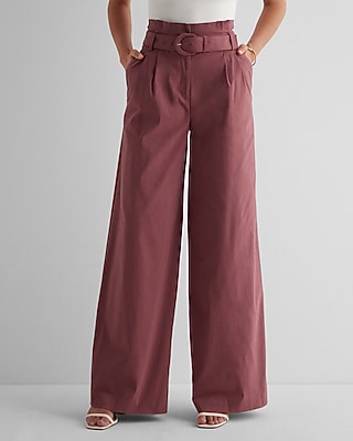 Super High Waisted Belted Paperbag Wide Leg Palazzo Pant Purple Women's 10