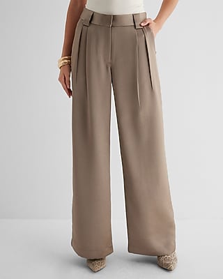 Stylist High Waisted Satin Pleated Wide Leg Palazzo Pant Neutral Women's 0 Long