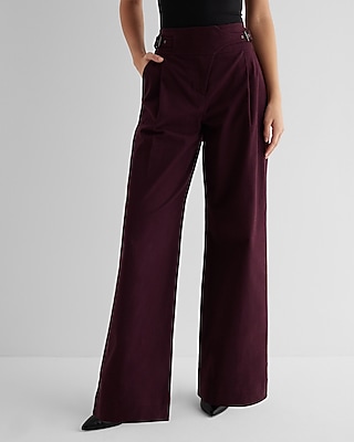 High Waisted Side Buckle Belt Wide Leg Palazzo Pant Red Women's 0 Long