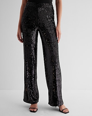 High Waisted Sequin Wide Leg Palazzo Pant Black Women's 8