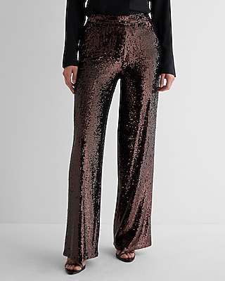 High Waisted Sequin Wide Leg Palazzo Pant Brown Women's 10