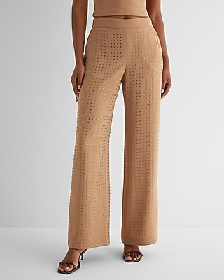 High Waisted Rhinestone Studded Wide Leg Palazzo Trouser Pant