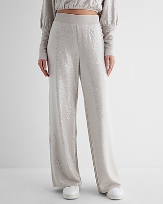 High Waisted Knit Sequin Wide Leg Palazzo Pant Gray Women's