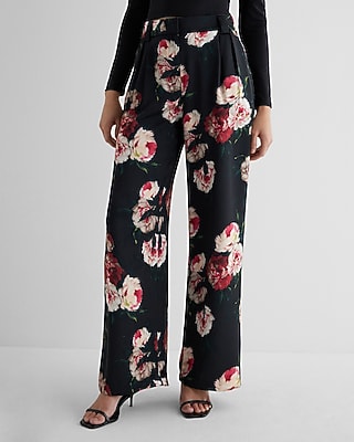 Stylist High Waisted Satin Floral Pleated Wide Leg Palazzo Pant