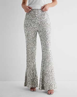 Super High Waisted Sequin Wide Flare Pant Neutral Women's L