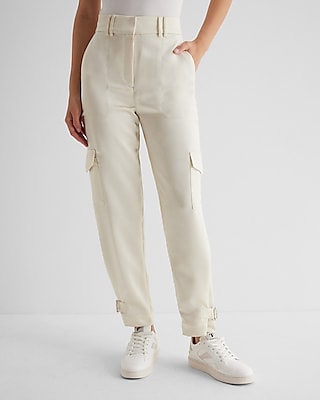 Super High Waisted Satin Cargo Ankle Pant White Women's 10 Short
