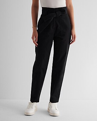 Super High Waisted Belted Paperbag Ankle Pant Black Women's 4 Long
