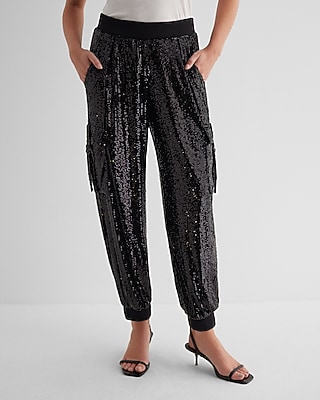 High Waisted Sequin Cargo Joggers