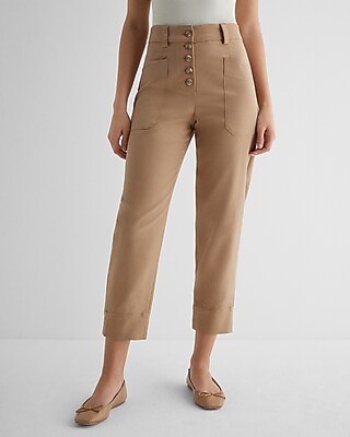 High Waisted Exposed Button Front Ankle Pant Brown Women's 16 Long