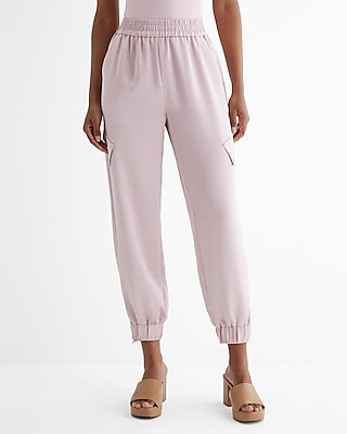 High Waisted Satin Cargo Joggers Pink Women's S