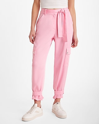 High Waisted Belted Cargo Joggers Pink Women's 16 Long