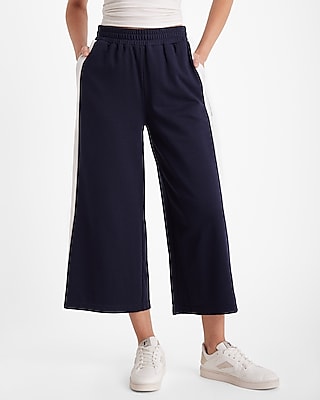 High Waisted Luxe Comfort Side Stripe Cropped Wide Leg Palazzo Pant Blue Women