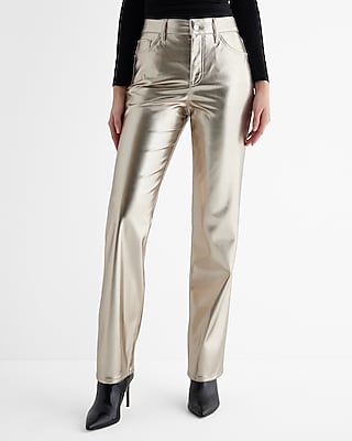 High Waisted Metallic Faux Leather Modern Straight Pant Neutral Women's Long