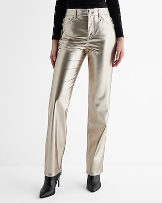 High Waisted Metallic Faux Leather Modern Straight Pant Neutral Women's 10