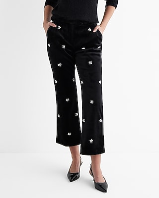 High Waisted Velvet Embellished Rhinestone Cropped Straight Leg Pant