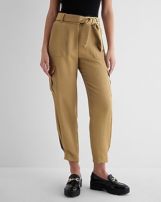 Metallic Shine High Waisted Belted Cargo Ankle Pant Gold Women's 4 Short