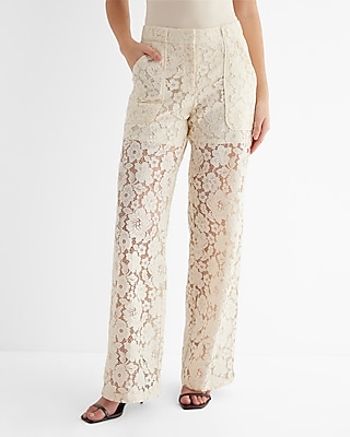 High Waisted Lace Trouser Pant White Women's 10 Short