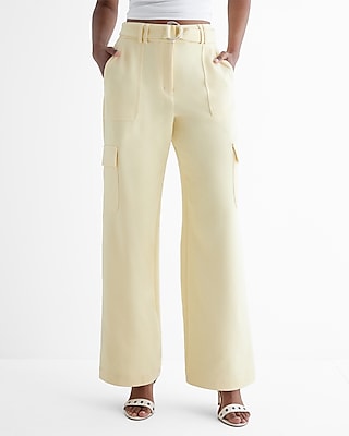 High Waisted Belted Cargo Trouser Pant Yellow Women's
