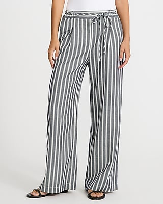 Striped Linen-Blend Tie Waist Wide Leg Pull On Pant