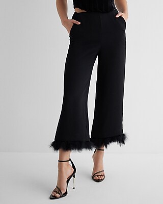 High Waisted Feather Hem Cropped Wide Leg Palazzo Pant
