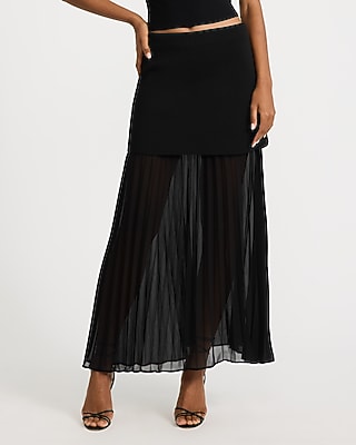 Mixed Media Sheer Chiffon Pleated Sweater Maxi Skirt