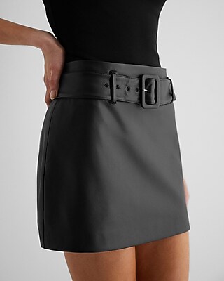 High Waisted Faux Leather Belted Mini Skirt Black Women's 6