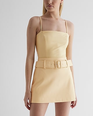 High Waisted Faux Leather Belted Mini Skirt Yellow Women's 6