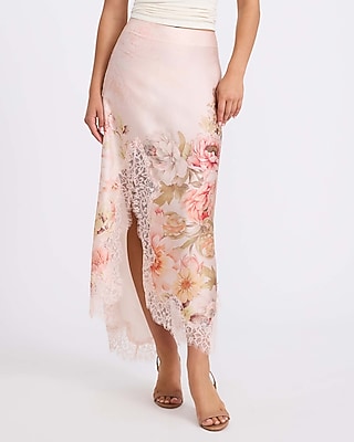 Floral Satin Lace Trim High Waisted Maxi Skirt