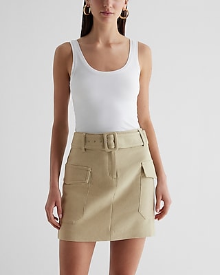 Super High Waisted Linen-Blend Belted Cargo Mini Skirt