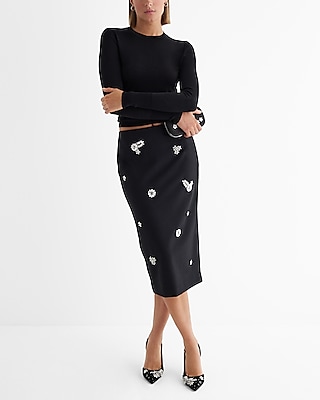 Super High Waisted Rhinestone Embellished Midi Pencil Skirt