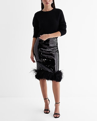 Mid Rise Sequin Feather Hem Midi Pencil Skirt