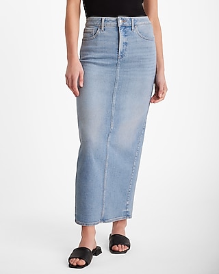 Express High Waisted Back Slit Maxi Hyper Sculpt Denim Skirt Blue 