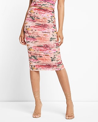 Bodycon Floral Mesh Ruched Midi Skirt With Built-In Shapewear