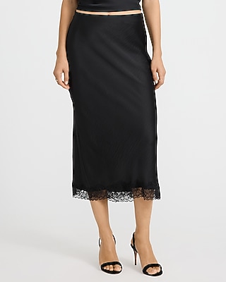 Satin Lace Trim High Waisted Midi Skirt
