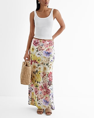High Waisted Satin Floral Side Slit Maxi Skirt