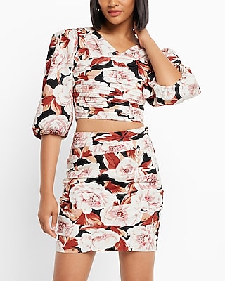High Waisted Floral Linen-Blend Ruched Mini Skirt