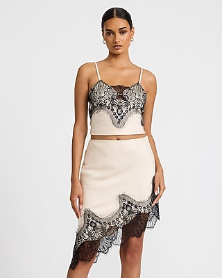 Satin Lace Pull On Asymmetrical Midi Slip Skirt
