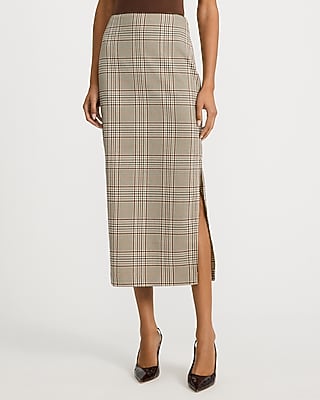 Plaid Super High Waisted Side Slit Midi Column Skirt