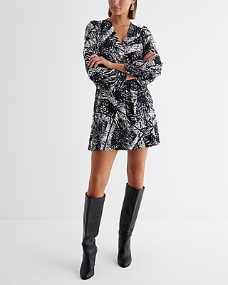 Date Night Printed V-Neck Long Sleeve Surplice Mini Dress