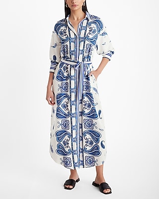 Paisley Print Button Front Pocketed Collared Long Sleeves Tie Waist Waistline Shirt Maxi Dress