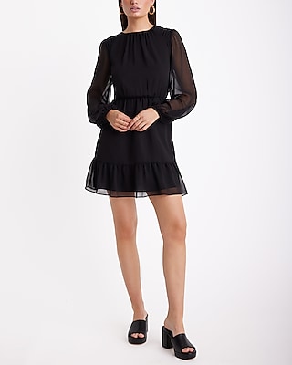 Date Night Crew Neck Long Sleeve Open Back Mini Dress Black Women's XS
