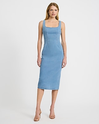 Stretch Denim Scoop Neck Seamed Midi Sheath Dress