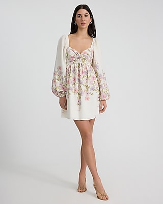 Floral Print Fit-and-Flare Short Spring Sweetheart Fitted Open-Back Long Sleeves Wedding Dress