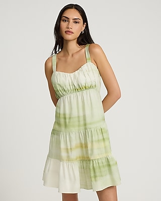 Sleeveless Short Linen Tiered Ruched Back Zipper Sweetheart General Print Dress