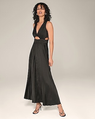 V-neck Back Zipper Pleated Cutout Sleeveless Satin Maxi Dress